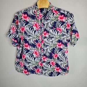 Mountain and Isles Mens XXL Tropical Floral Button Down Shirt Navy Pink Hibiscus